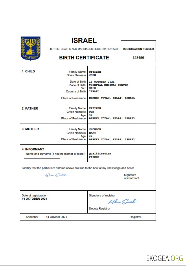 Modèle Word et PDF d'acte de naissance d'acte d'état civil en Israël